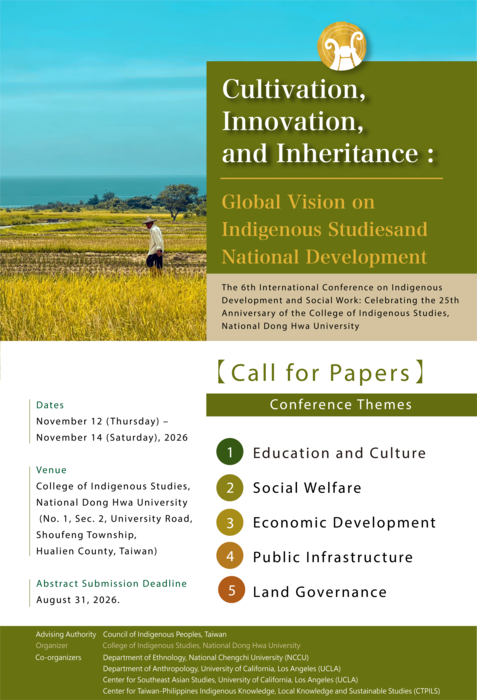 【Call for Papers】The 6th International Conference on Indigenous Development and Social Work: Celebrating the 25th Anniversary of the College of Indigenous Studies, National Dong Hwa University圖片